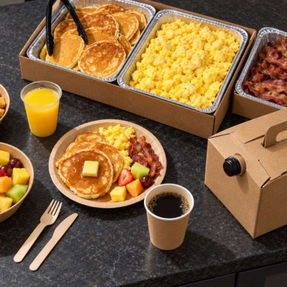 Breakfast spread with pancakes, scrambled eggs, bacon, fruit, orange juice, coffee, and serving trays on a countertop.