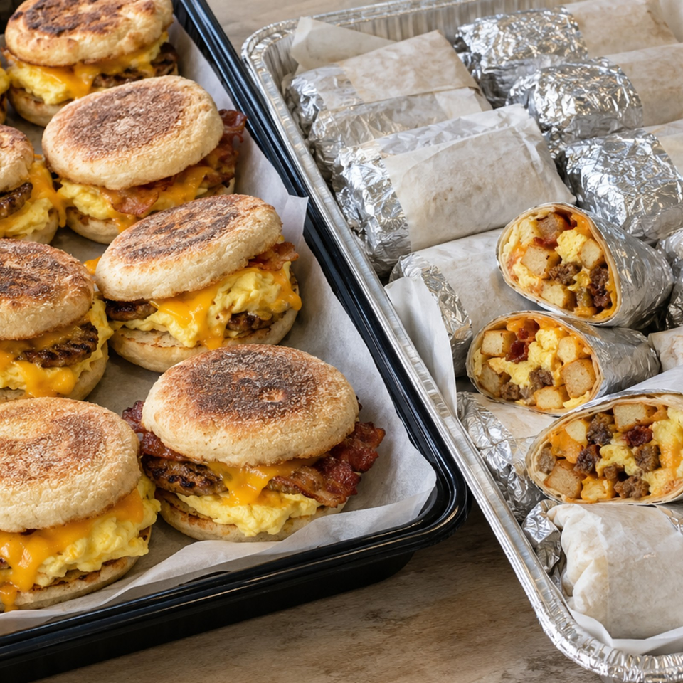 Trays of toasted breakfast sandwiches with eggs, cheese, and bacon alongside foil-wrapped breakfast burritos.