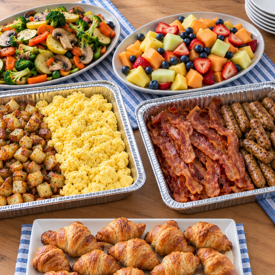 Catering spread with roasted vegetables, fruit salad, macaroni and cheese, potatoes, bacon, sausages, and golden croissants.